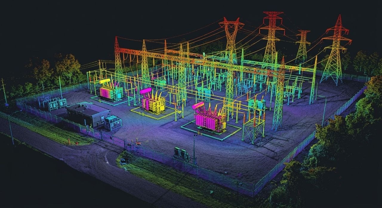 Subestação elétrica representada em nuvem de pontos colorida, com torres, cabos, equipamentos, edificações e vegetação do entorno
